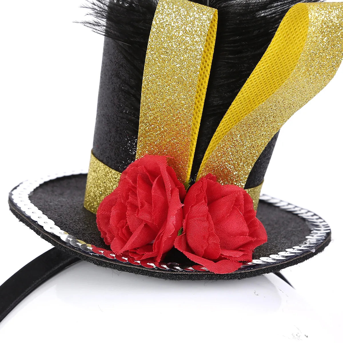 Feather Mini Top Hat Girls Fascinator Headband Fancy Steampunk Mini Top Hats Hair Hoop And Rose Halloween Circus Ringmaster Hat