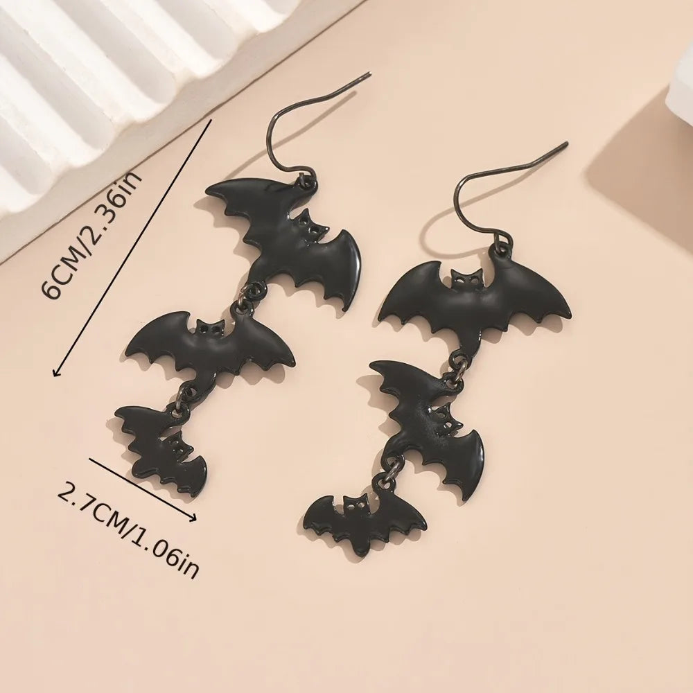 Cool Gothic Punk Style Black Three Bat Earrings Trend Exaggerated Personality Halloween Ear Hook Accessories for Women Man