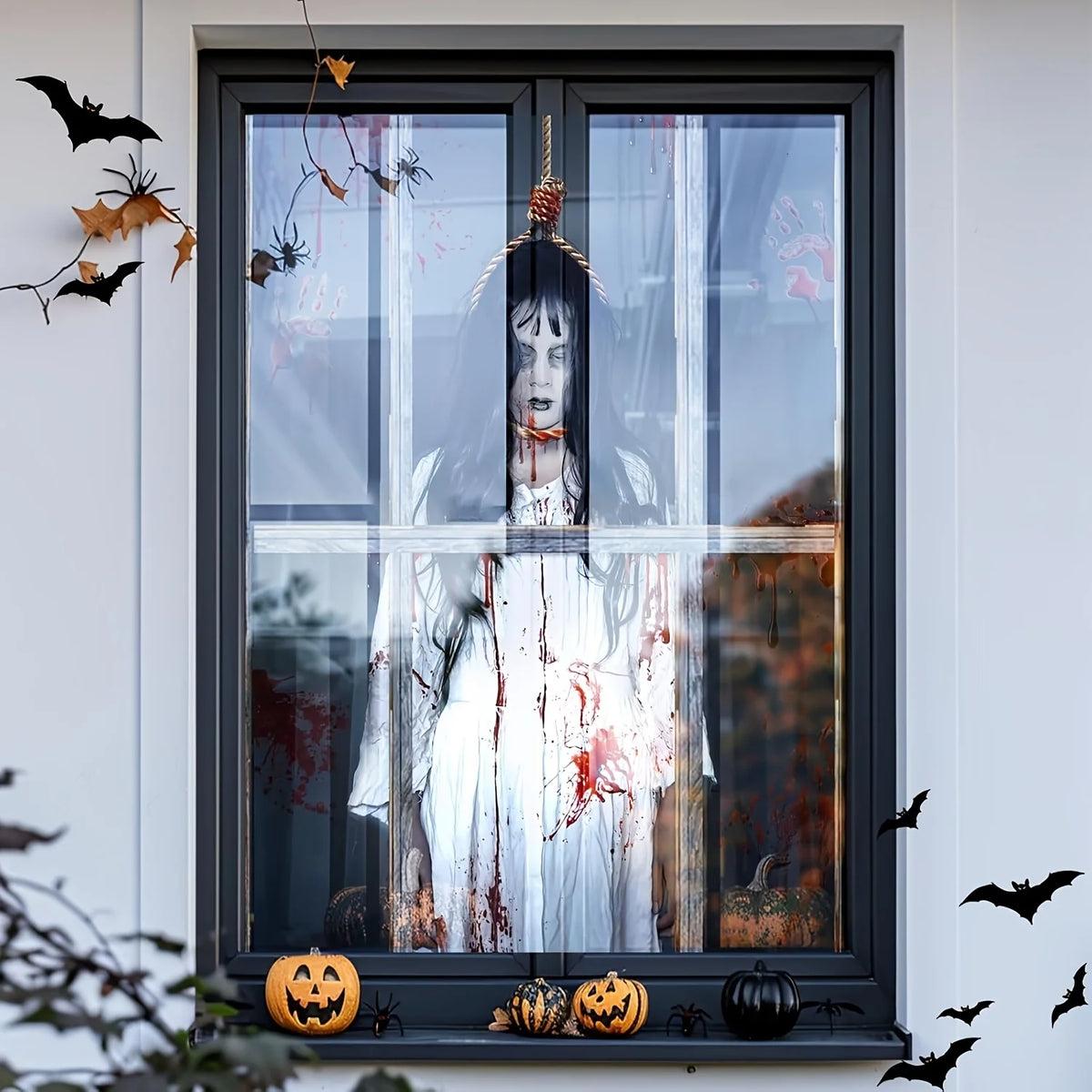 Halloween Window Party Banner Scary Female Ghost Window Cover Decorations Clings, Creepy Door Silhouette Banner for Indoor Outdo
