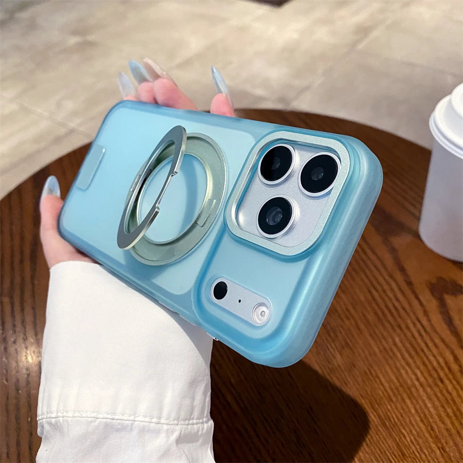 Luxury 360 Rotating Magnetic Stain-resistant Case For iPhone 17 18 Pro Max Shockproof TPU Hybrid PC For Magsafe Stand Cover