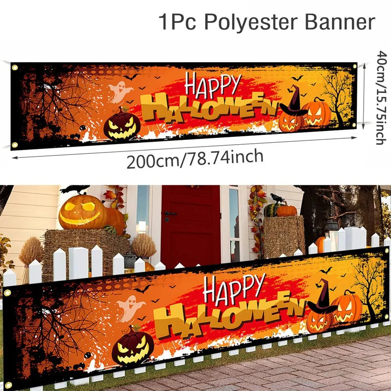 Ghost Halloween Pumpkin Banner Retro Halloween Party Signs Banner Decorations Fence Yard Porch Sign Outdoor Terror Decorations