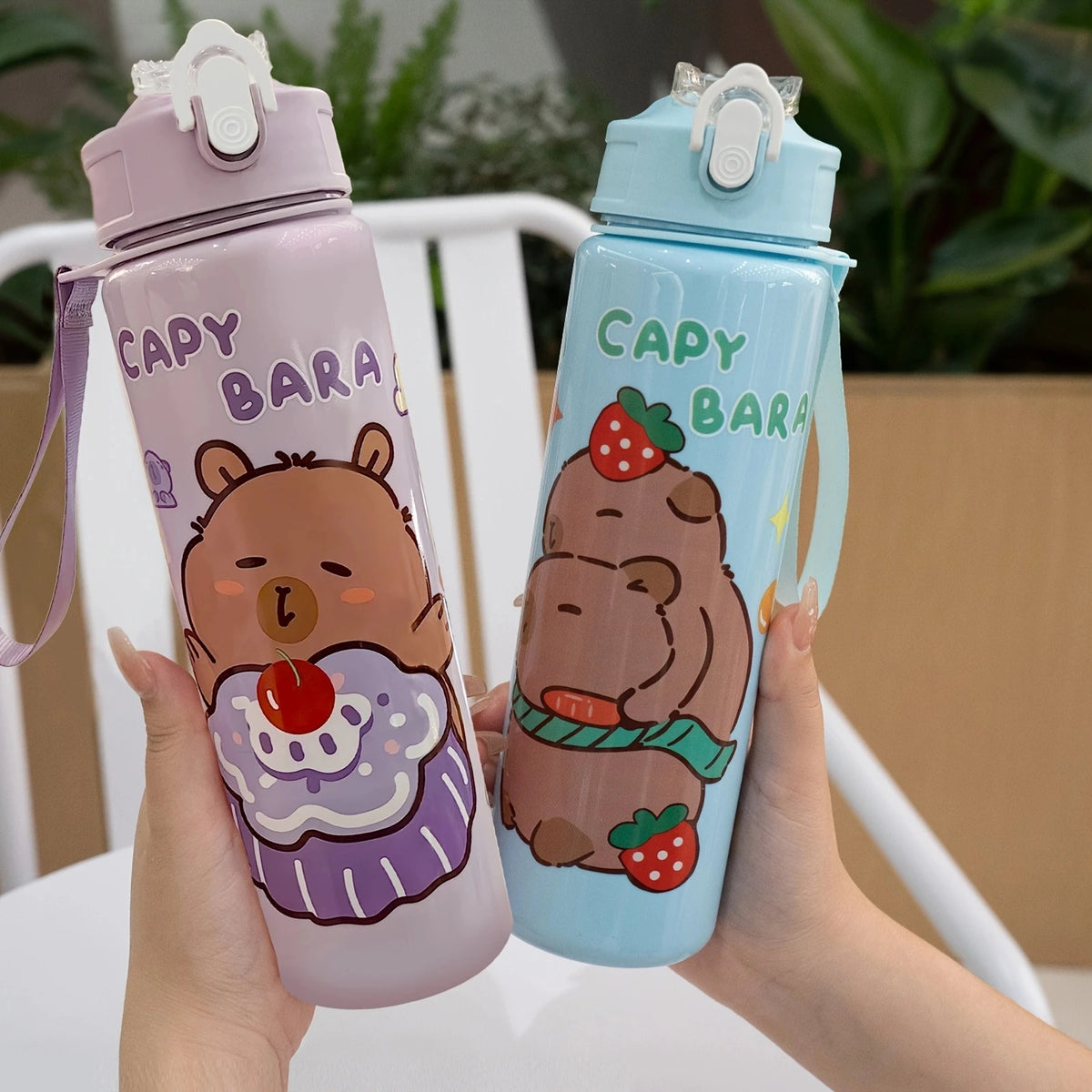 750ml/26oz Cute Cartoon Plastic Water Bottle with Straw Multi-Style Selection for Outdoor Sports Travel Camping Festive Parties