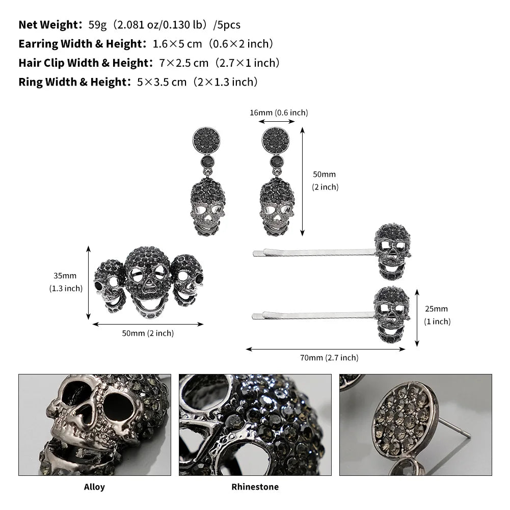 Dark Gothic Skull Crown Fashion Skull Hair Clip Earrings Set Halloween Birthday Party Tiara Holiday Gifts for Friends