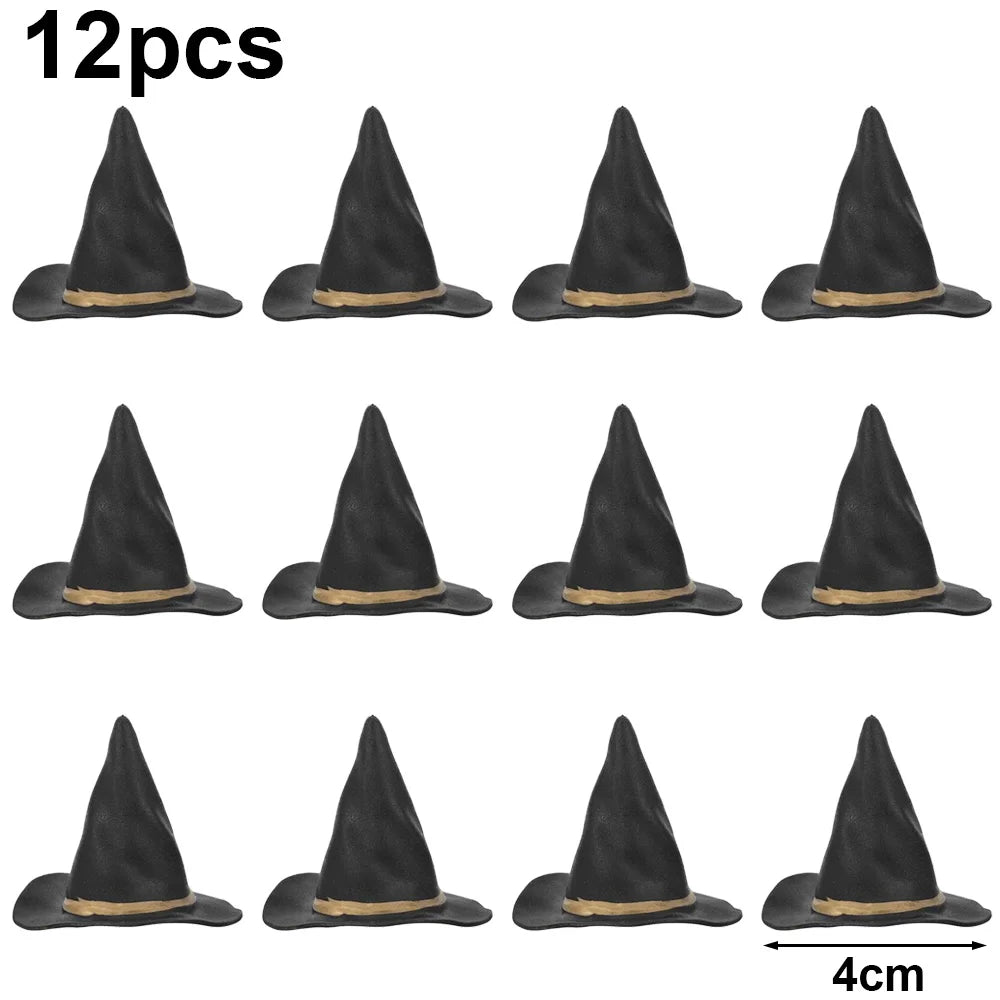 12Pcs Mini Witch Hats and Brooms Cake Toppers Halloween Mini Wizard Hats Cake Decorations for Birthday Wedding DIY Party Favors