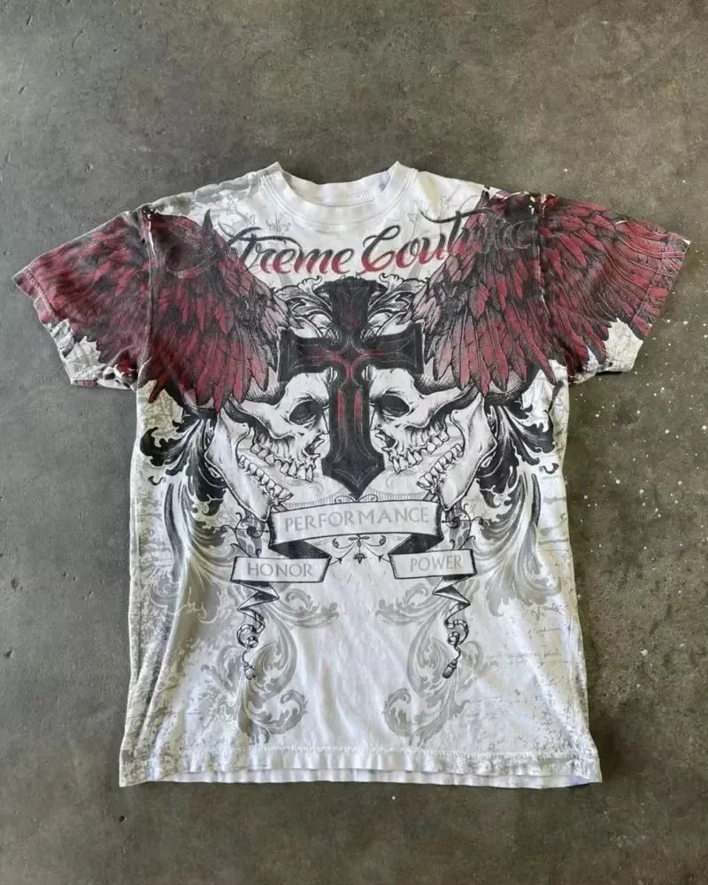 Retro Blue Gothic Pattern Printed Hip Hop Street Fashion Y2K Plus Size T shirt Round Neck Short Sleeve Women Couple Couple Top
