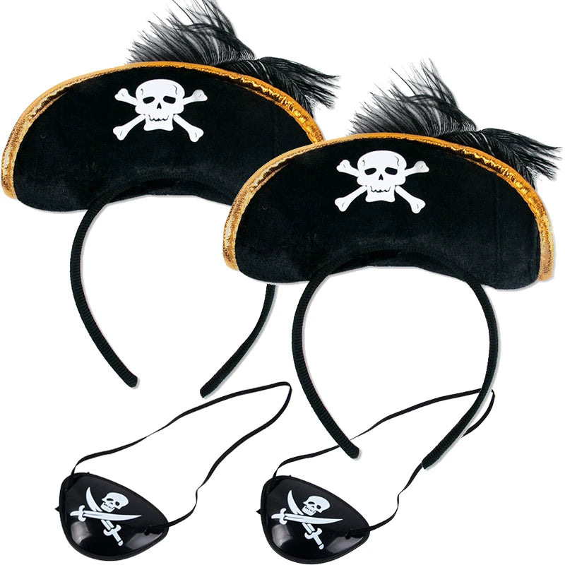 1/2set Pirate Skull Hat And Eye Patches Halloween Captain Cap Headband Cosplay Costume Accessories Prop Kid Birthday Party Decor