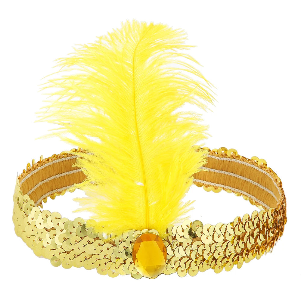 1920s Flapper Headband Feather Headpiece Sequin Headband with Gem for Gatsby Party Halloween Costume Accessory