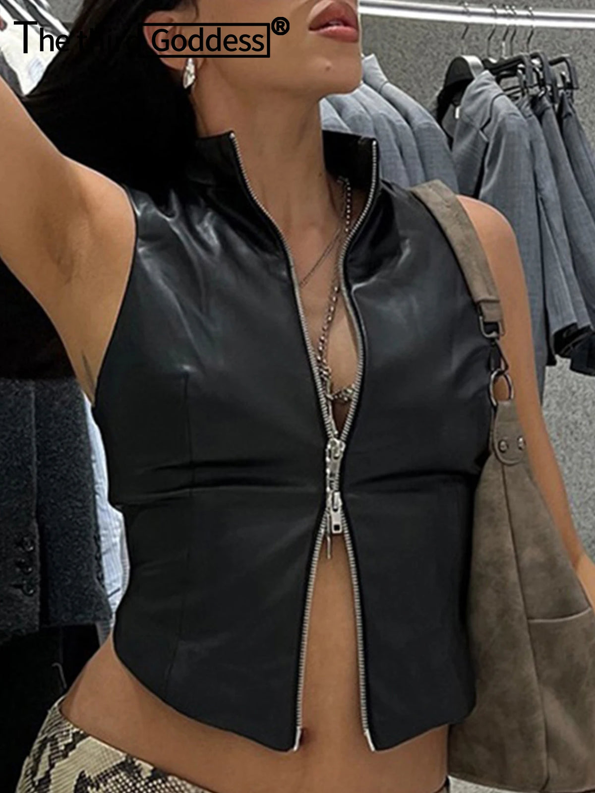 Sexy Black Zipper Leather Crop Top Women Clothing Summer Body PU Tank Tops Woman Vintage Gothic Clothes Streetwear Top Outfit