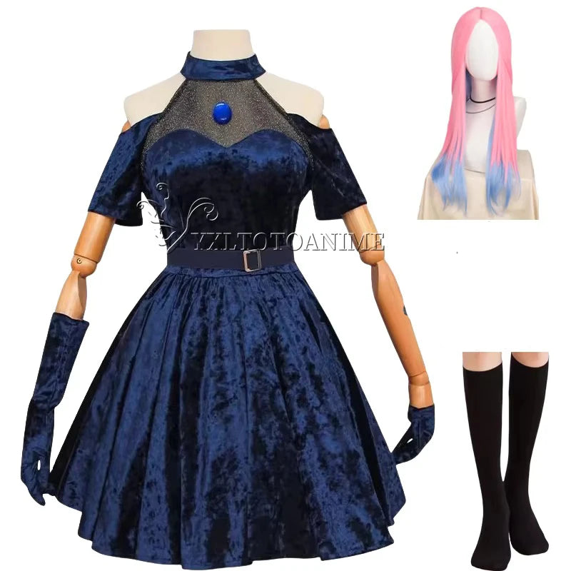 Anime Alien Stage Mizi Sua Cosplay Costume Wig Dark Blue Dress Pink Blue Long Hair Gloves Stockings Belt Set Uniform for Christm