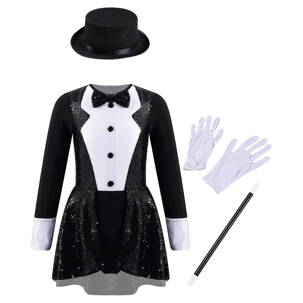 Teen Magician Costume Set Long Sleeve Bow Tie Sequin Leotard + Hat Magic Wand Gloves for Halloween Cosplay Dress Up Performance