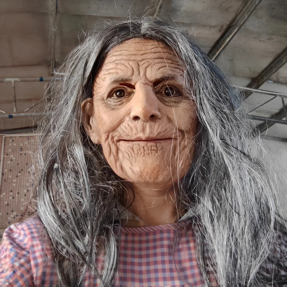 Realistic Granny Old Woman Latex Mask Moving Mouth Soft Rubber Grandma Masque with Grey Hair for Halloween Costume Accessories