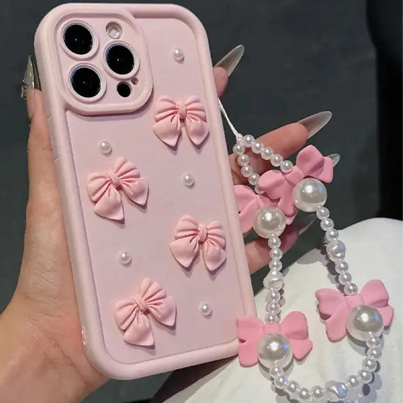 Korean 3D Bowknot Pearl Silicone Phone Case For iPhone 18 16 17 Pro 15 14 13 12 11 Pro Max 16E 7 8 Plus With Lanyard Soft Cover