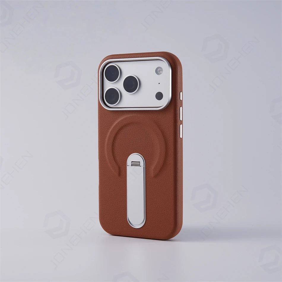 Magnetic Retro Leather Stand Holder Case For IPhone 17 16 15 14 13 18 Pro Max Wireless Charge Shockproof Armor Cover For Magsafe