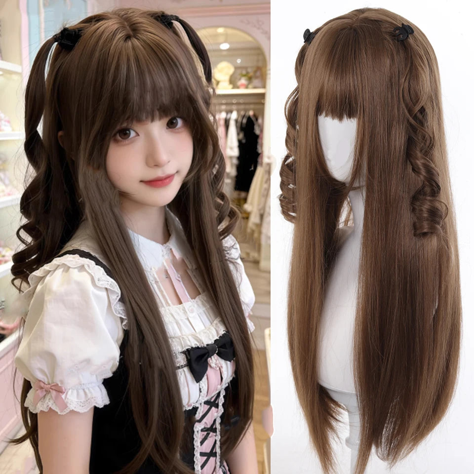 Synthetic Princess Cut Double Ponytail Lolita Wig with Bangs Girl Ombre Blonde Brown White Gray Cosplay Halloween Harajuku Wig
