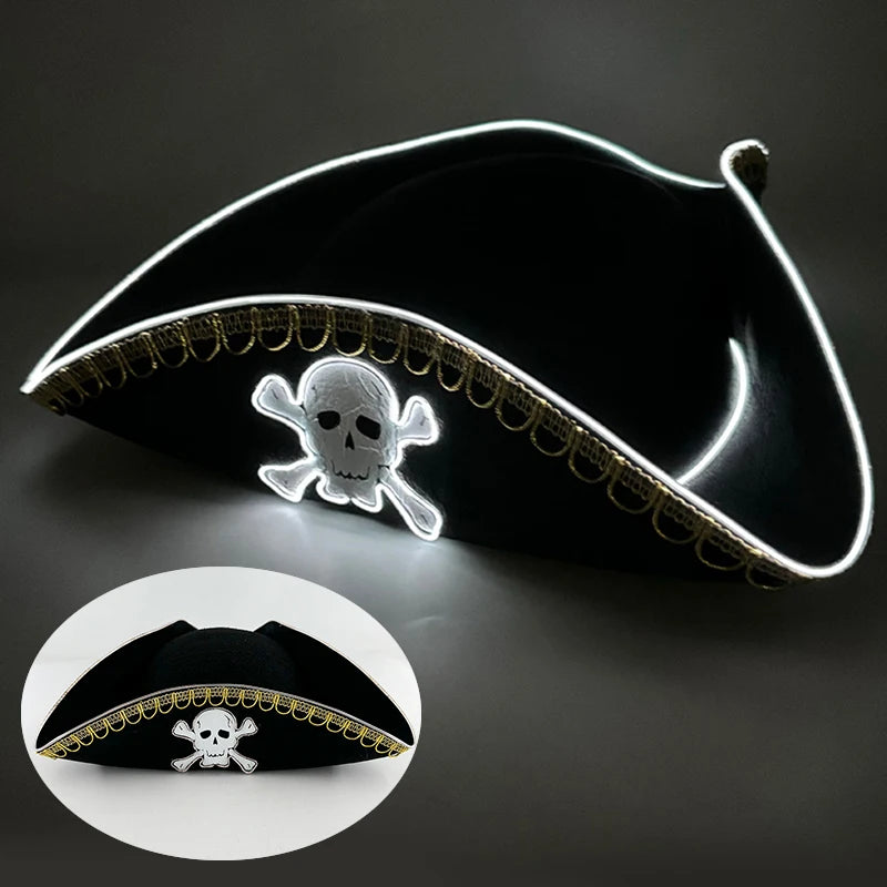 Halloween LED Black Pirate Hat For Adult Pirate Theme Party Glowing Captain Cap Cosplay Costume Luminous Hat With Skull Pattern