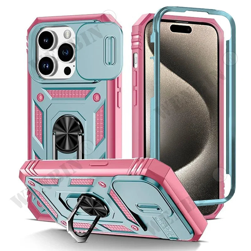 Case For iPhone 17 16 16e 15 14 13 12 11 Pro Max Plus Mini XS XR 8 Plus 8 7 SE Heavy Duty with Camera 360 Degree Kickstand Cover