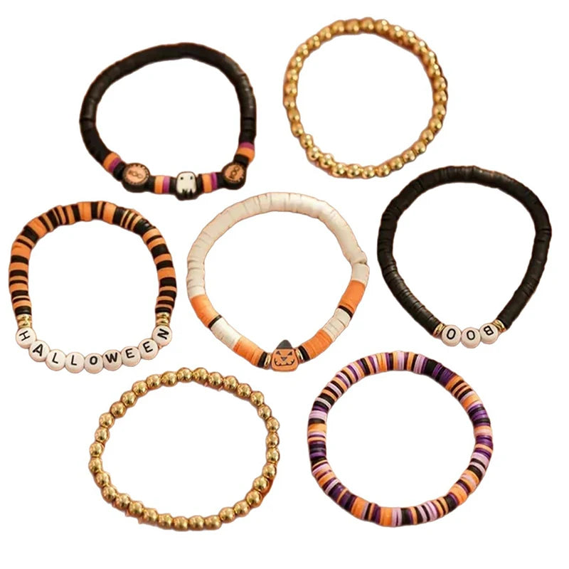 FTCY 7pcs Halloween Bracelet for Men Women Retro Spooky Pumpkin Polymer Clay Beaded Bracelet Set Cosplay Party Jewelry Gift