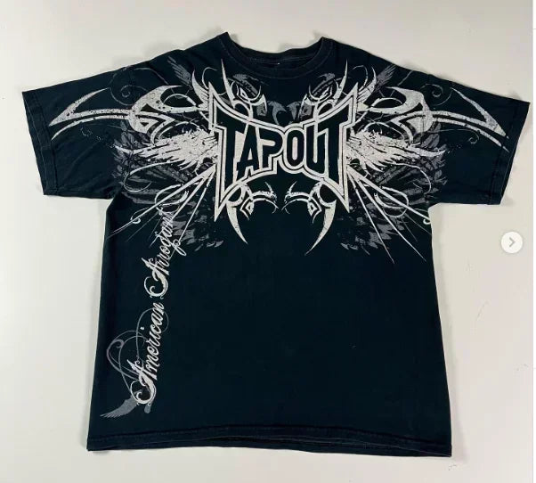 TAPOUT New Y2K Red Printing T shirt Men Hip Hop Round Neck Oversized Long Sleeved Casual Gothic Clothing Tops Streetwear