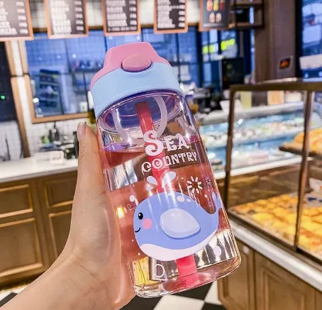 480ML Kids Cartoon Sippy Cup LeakProof Straw Water Bottle Handheld Portable Drinking Vessel for Outdoor Sports Children DailyUse
