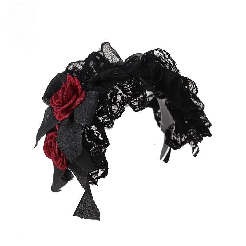 Original Black and Red Lace Lolita Headgear Doll Feeling Bow Headband KC Goth Lo Girl Halloween Hair Accessories