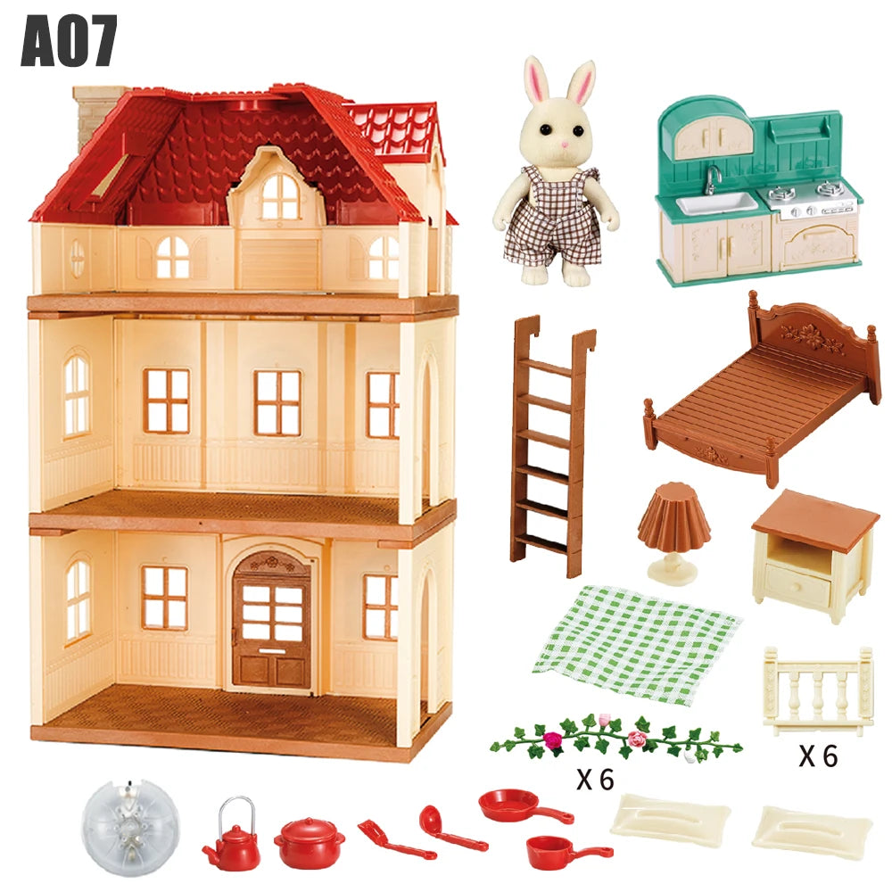 Simulation Kitchen Forest Family Small House Double Three- Story Villa Reindeer Animal Model Girl Dollhouse Furniture Toy Gifts
