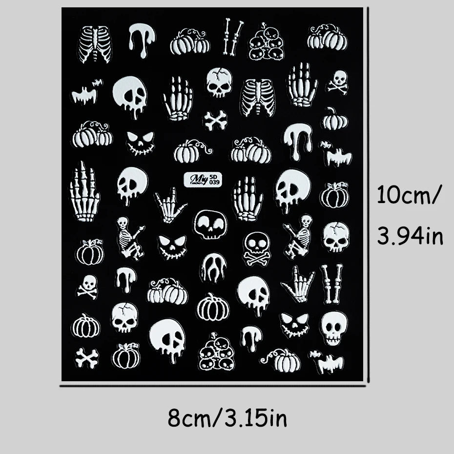 4 pcs 5D Embossed Gothic Skeleton Bones Nail Decals Horror Pumpkin Evil Smile Nail Stickers Y2K Halloween Carnival Nail Supplies