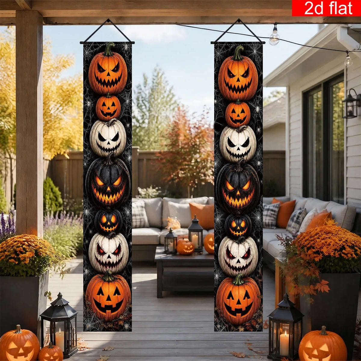 Halloween Porch Vertical Banner Set Scary Jack O Lantern Pumpkin Spider Web Hanging Sign for Outdoor Halloween Party Decor