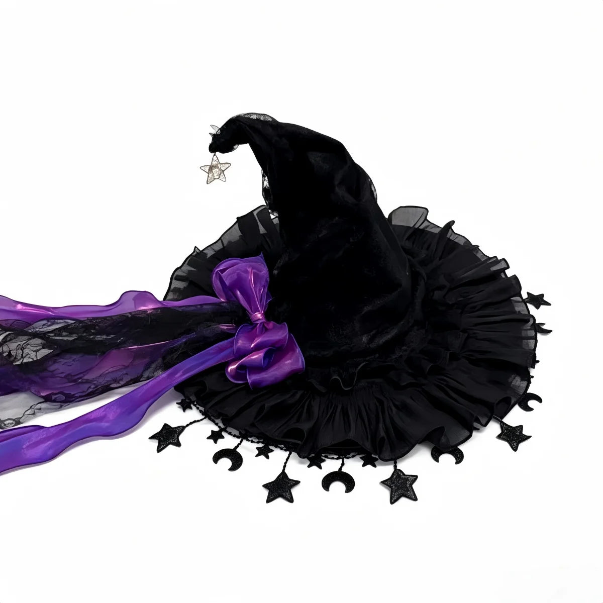 Lace Velvet Witch Hat with Lace Trim and Moon Pendant for Halloween Costume Party Masquerade Cosplay Party Accessory