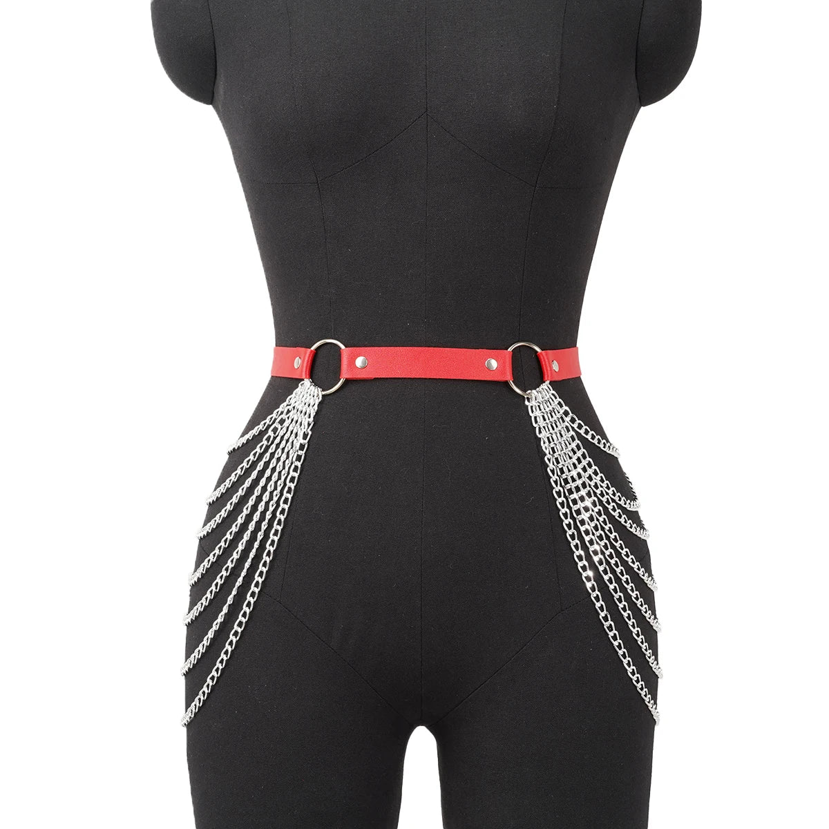 Women Punk Gothic PU Leather Waist‑Thigh Harness Garter Belt, Adjustable Chain Decor Accessory for Rave Festival Halloween Outfi