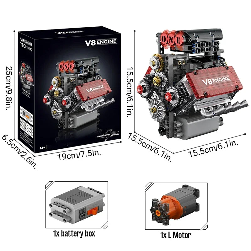 Brick V8 Engine Motorized Simulation Model Electrically Drive Building Blocks Technical Car Parts Creative Toys Gifts Boys Adult