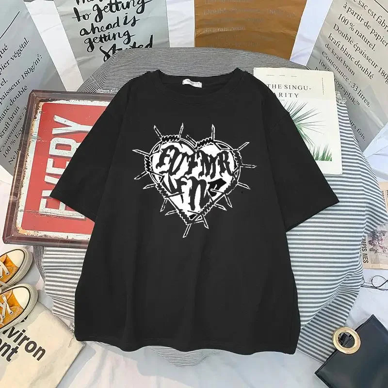 Y2k Fashion Goth Vintage Print T-shirt Women Harajuku Streetwear Dark Gothic Emo Alt Short Sleeve O-neck Loose Black Tee Tops