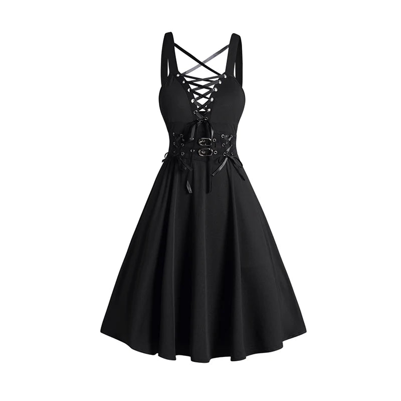 2025 Womens Gothic Dresses Sets Solid Color Open Front Crop Jacket and Lace Up Buckle Strap Crisscross Dress Outfit