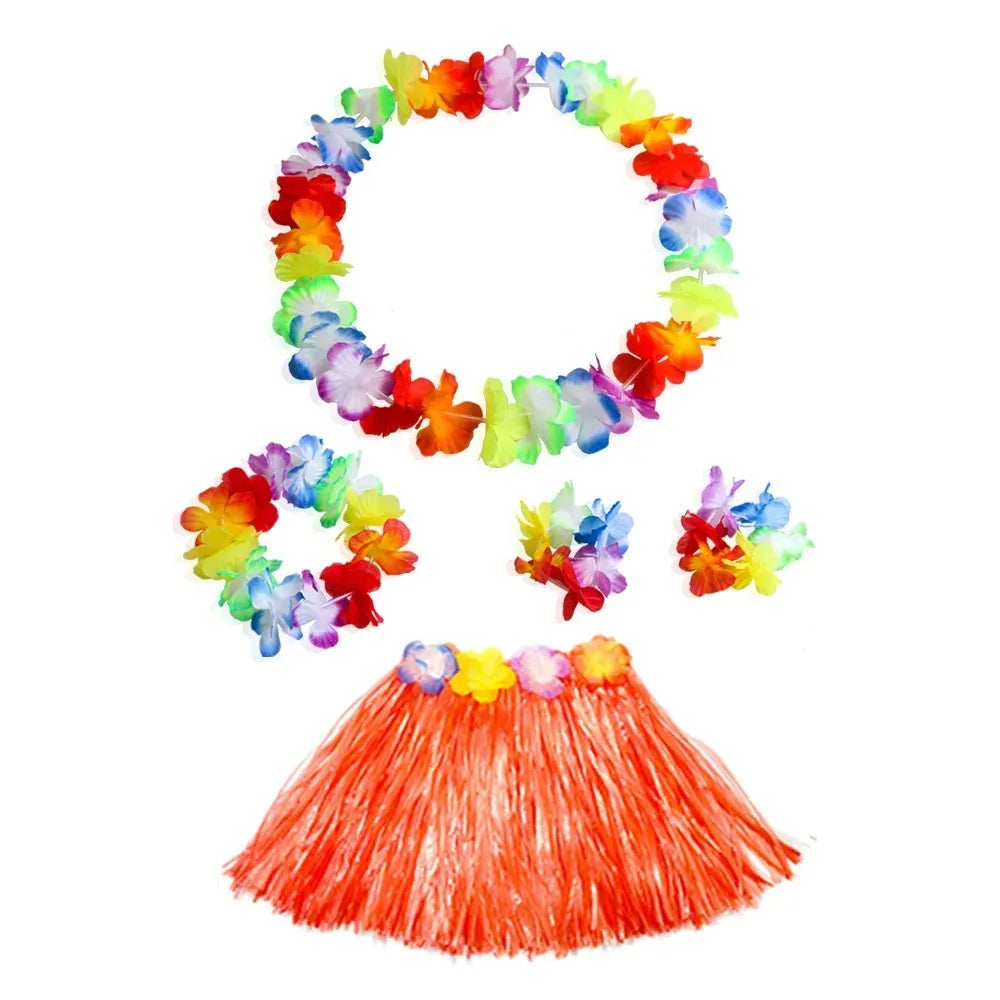 Hawaiian Dance Child Skirt with Leis Costume, Elastic Luau Grass, Hawaiian Flower Bracelets, Headband, Necklace, 40cm, 5pcs 6Pcs