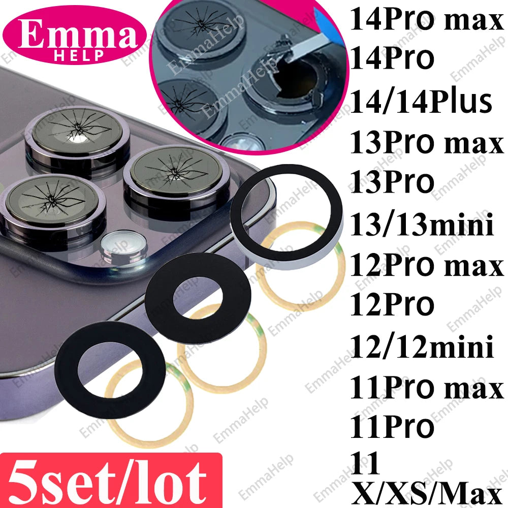 5pcs A+ Back Camera Glass for iPhone 15 Pro Max 14 13 Mini 12 11 XS Rear Camera Glass Lens Cover Holder Parts