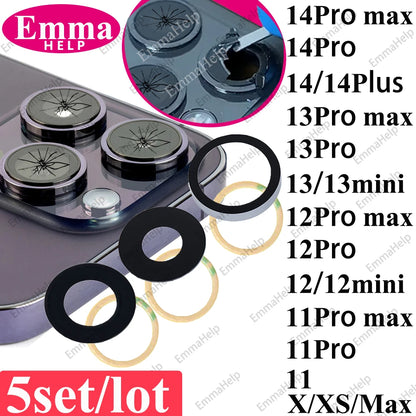 5pcs A+ Back Camera Glass for iPhone 15 Pro Max 14 13 Mini 12 11 XS Rear Camera Glass Lens Cover Holder Parts