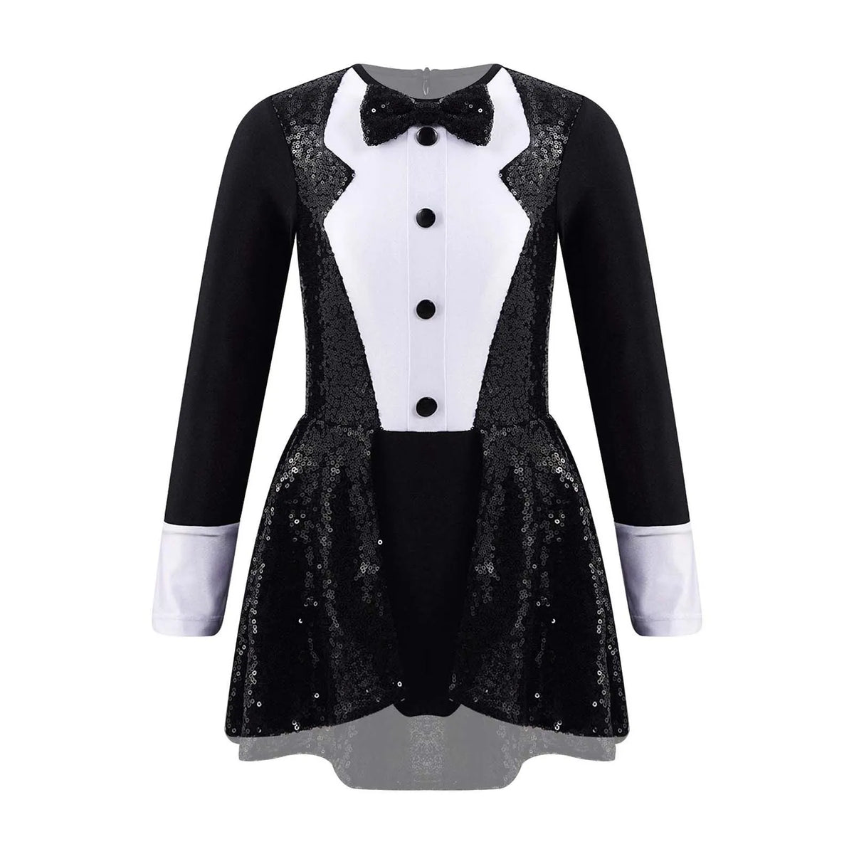 Teen Magician Costume Set Long Sleeve Bow Tie Sequin Leotard + Hat Magic Wand Gloves for Halloween Cosplay Dress Up Performance