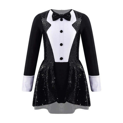 Teen Magician Costume Set Long Sleeve Bow Tie Sequin Leotard + Hat Magic Wand Gloves for Halloween Cosplay Dress Up Performance