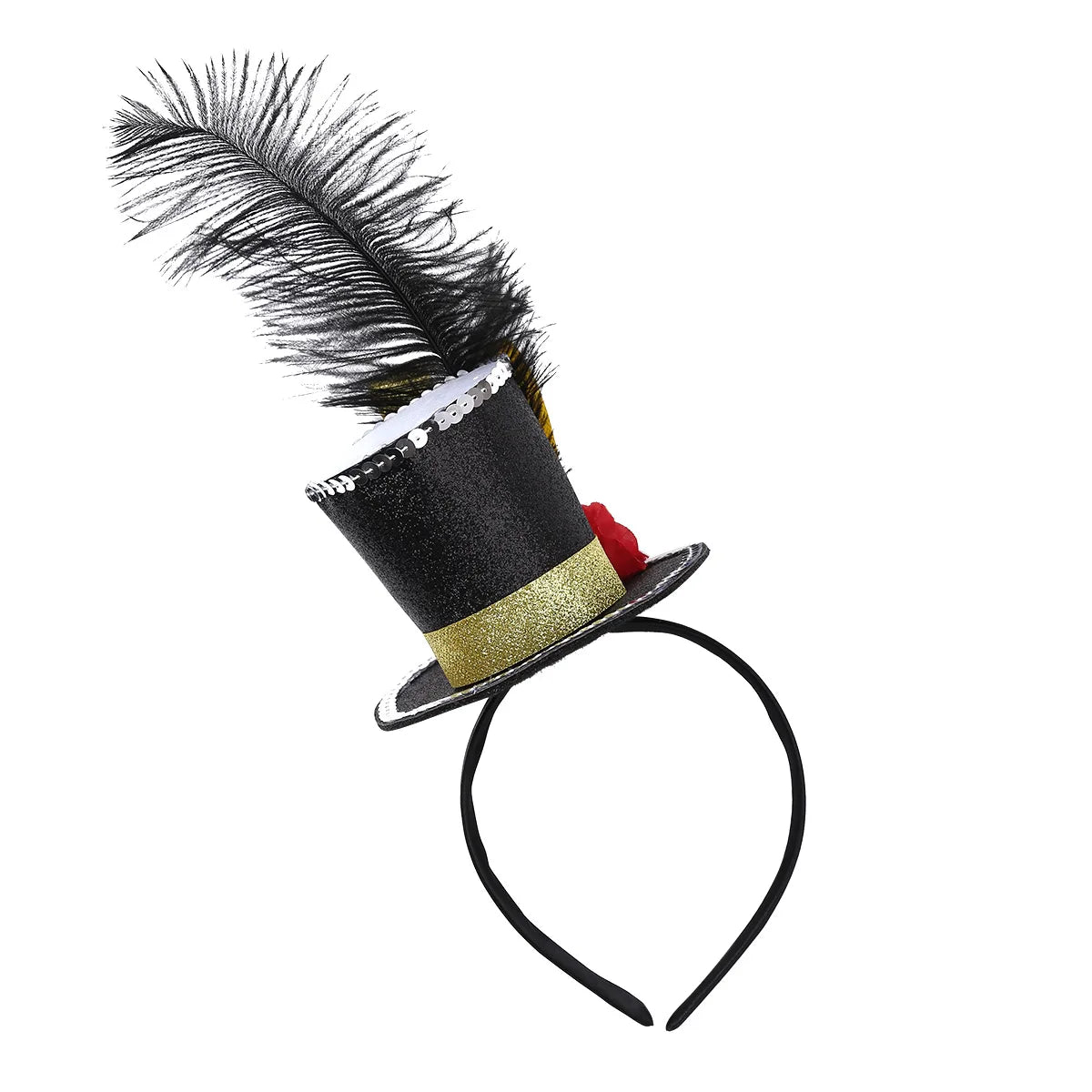 Feather Mini Top Hat Girls Fascinator Headband Fancy Steampunk Mini Top Hats Hair Hoop And Rose Halloween Circus Ringmaster Hat