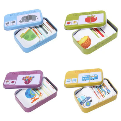 3-6T Baby Cognition Puzzle Toys Kids Iron Box Cards Matching Game Cognitive Card Car Fruit Animal Life Puzzle
