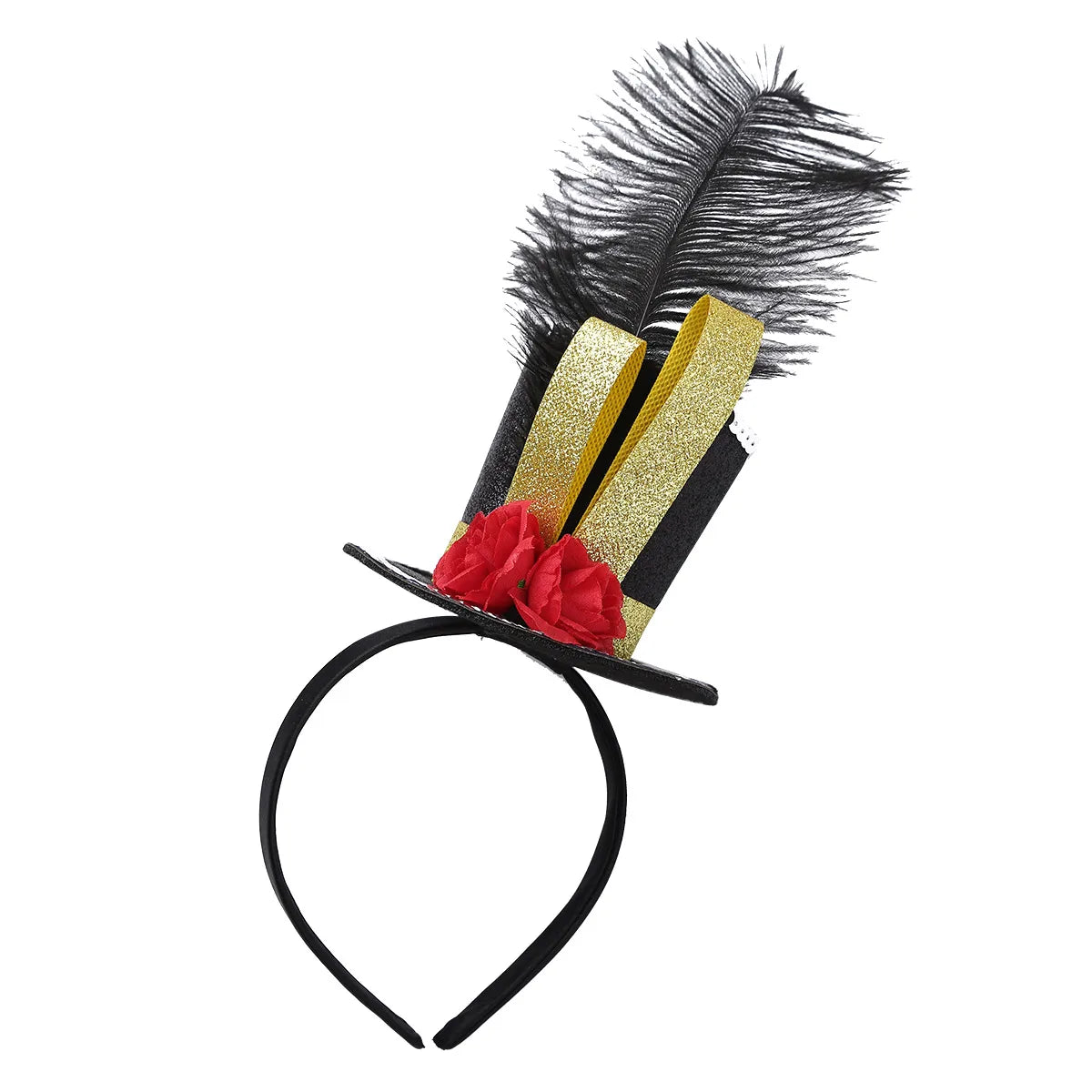 Feather Mini Top Hat Girls Fascinator Headband Fancy Steampunk Mini Top Hats Hair Hoop And Rose Halloween Circus Ringmaster Hat