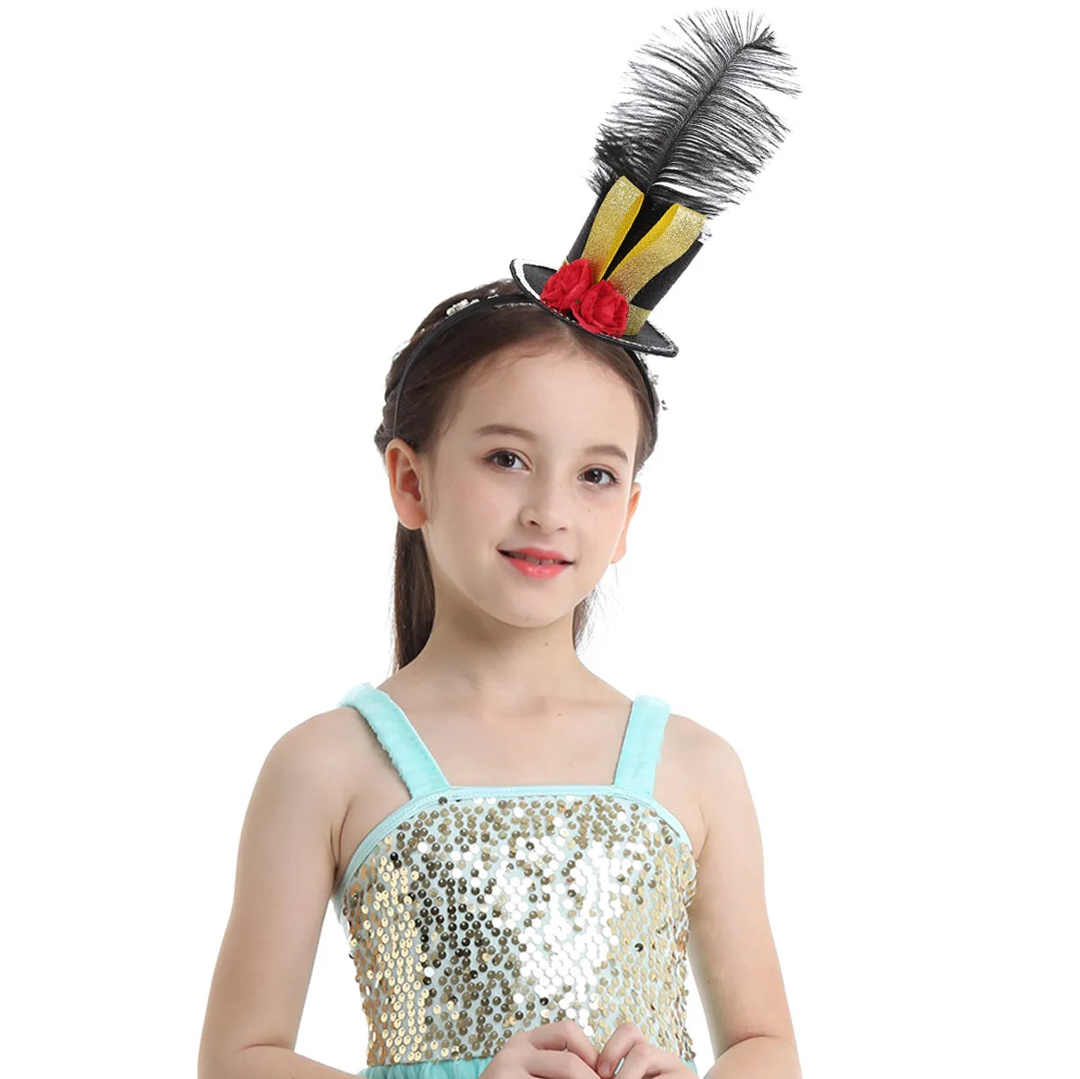 Feather Mini Top Hat Girls Fascinator Headband Fancy Steampunk Mini Top Hats Hair Hoop And Rose Halloween Circus Ringmaster Hat