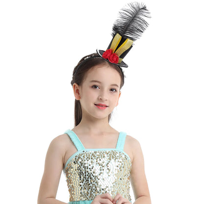 Feather Mini Top Hat Girls Fascinator Headband Fancy Steampunk Mini Top Hats Hair Hoop And Rose Halloween Circus Ringmaster Hat