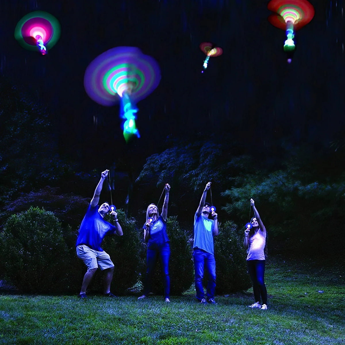10PCS Outdoor Shining Rocket Flash LED Light Night Kids Luminous Slingshot Toys Shine Slingshot Elastic Helicopter Rotating Toy