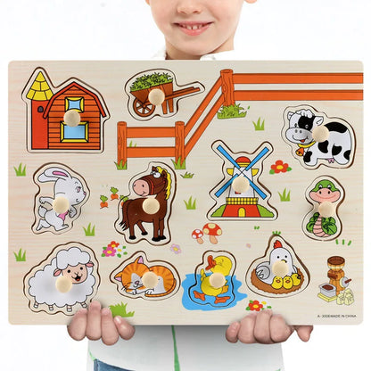 Montessori Wooden Puzzles Hand Grab Boards Toys Tangram Jigsaw Baby Educational Toys Cartoon Vehicle Animals Fruits 3D Puzzles
