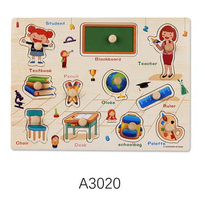 Montessori Wooden Puzzles Hand Grab Boards Toys Tangram Jigsaw Baby Educational Toys Cartoon Vehicle Animals Fruits 3D Puzzles