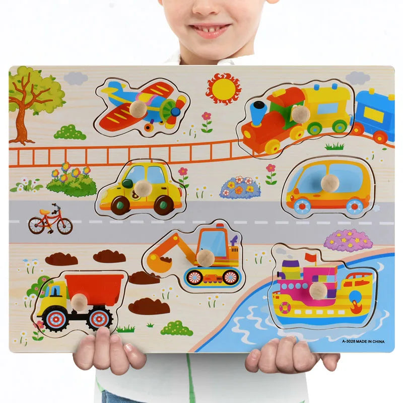 Montessori Wooden Puzzles Hand Grab Boards Toys Tangram Jigsaw Baby Educational Toys Cartoon Vehicle Animals Fruits 3D Puzzles