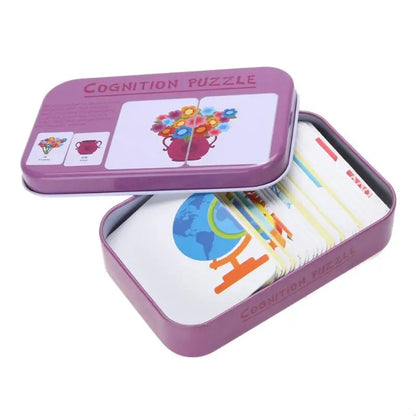 3-6T Baby Cognition Puzzle Toys Kids Iron Box Cards Matching Game Cognitive Card Car Fruit Animal Life Puzzle