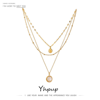 Yhpup Bohemian Round Pendant Stainless Steel Necklace Chain Exquisite Metal Texture Collar Women Necklace бижутерия Office Gift