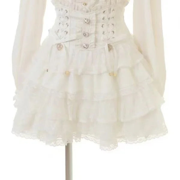 Japanese Sweet Lolita Style Mini Skirt Women Elegant Lace Bandage Party Cake Skirts Female Gothic Y2k Metal Buckle Skirt