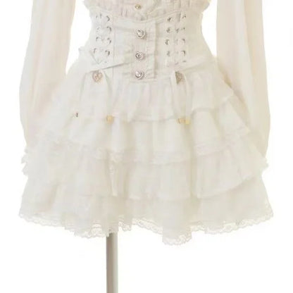 Japanese Sweet Lolita Style Mini Skirt Women Elegant Lace Bandage Party Cake Skirts Female Gothic Y2k Metal Buckle Skirt